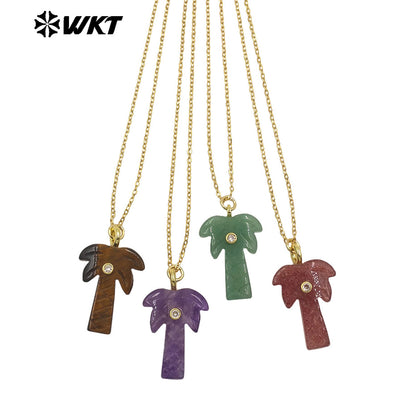 WT-N1534 Amazing Various Natural Gemstones Carved Coconut Trees Shape Charms Gold Necklaces For Women Fashionable Jewelry