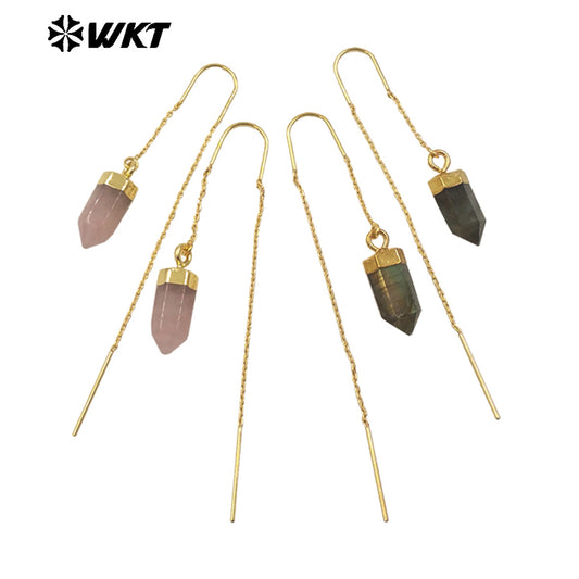 WT-E786 High Quality Delicate Gemstones Amethyst Stone With Gold Plated Geometric Hexagon Bullet Earrings Ladies Lovely Jewelry