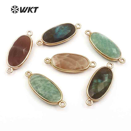 WT-C264 New Special Design Smooth Metal Plated Irregular for Fashion Women Jewelry Natural Amazonite/Pink Quartz Connector
