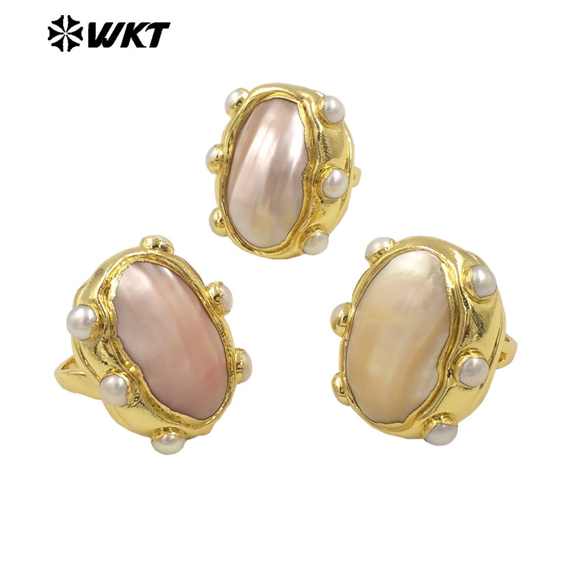WT-MPR113 Wholesale18K Gold Plated Oval Adjustable Pink and White Pearl Combination Large Mabe Shell Ring As Anniversary Gift
