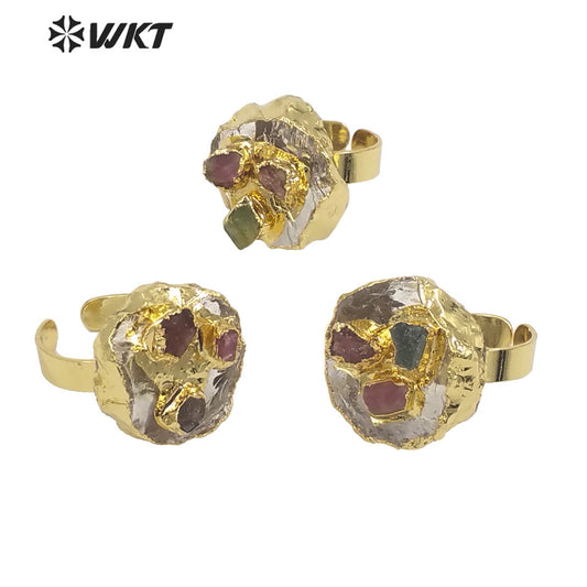 WT-R400 Vintage Natural Crystal Quartz Pendant Tourmaline Inlaid Ring Noble Gas 18k Gold-plated Women Ring Gemstone Rings