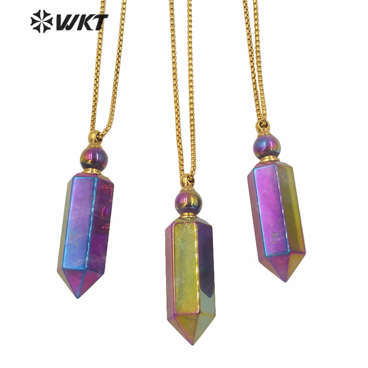 WT-N1260 Wholesale Natural Amethyst Spirit Quartz Point Necklace with Aura Amazing Gold Steel Stone Point Perfume Necklace