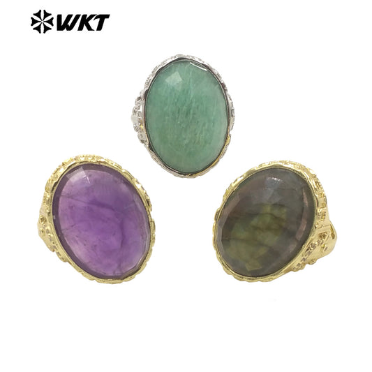WT-R520 Wholesale Oval Shape Faceted Cabshion Natural Labradorite Stone Anniversary Women Ring in Gold Plated