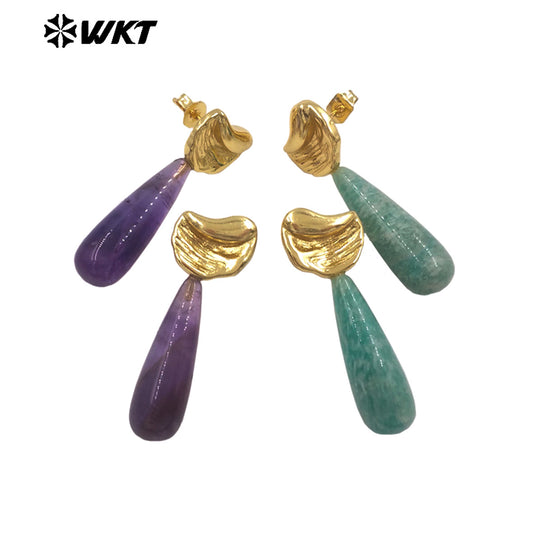 WT-E802 Delicate Design 18K Gold Plated Amazonite Natural Gemstones Waterdrop Shape Earrings As Lady Elegant Jewelry Gifts