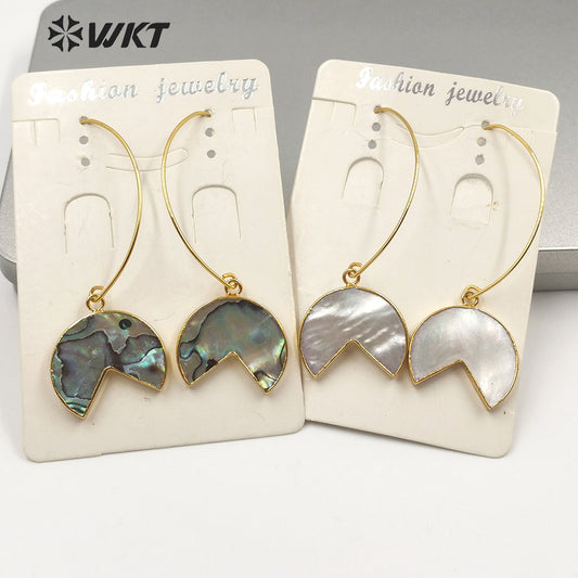 WT-E598 Fashion Gold Electroplated Half Round Abalone Shell Earrings Charming Swing Natural Abalone Shell Pendant Earrings