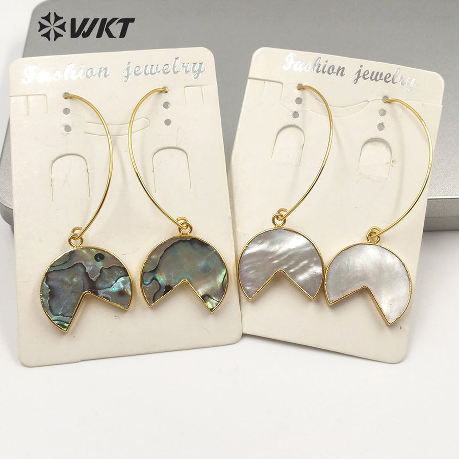 WT-E598 Fashion Gold Electroplated Half Round Abalone Shell Earrings Charming Swing Natural Abalone Shell Pendant Earrings