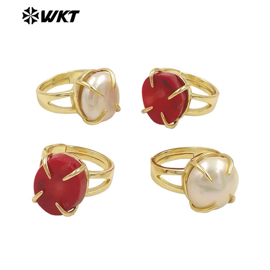 WT-MPR109 High Quality Round Shape Red Coral and Pearl With 18k Gold Plated Ring for Unisex or Couple Accessory