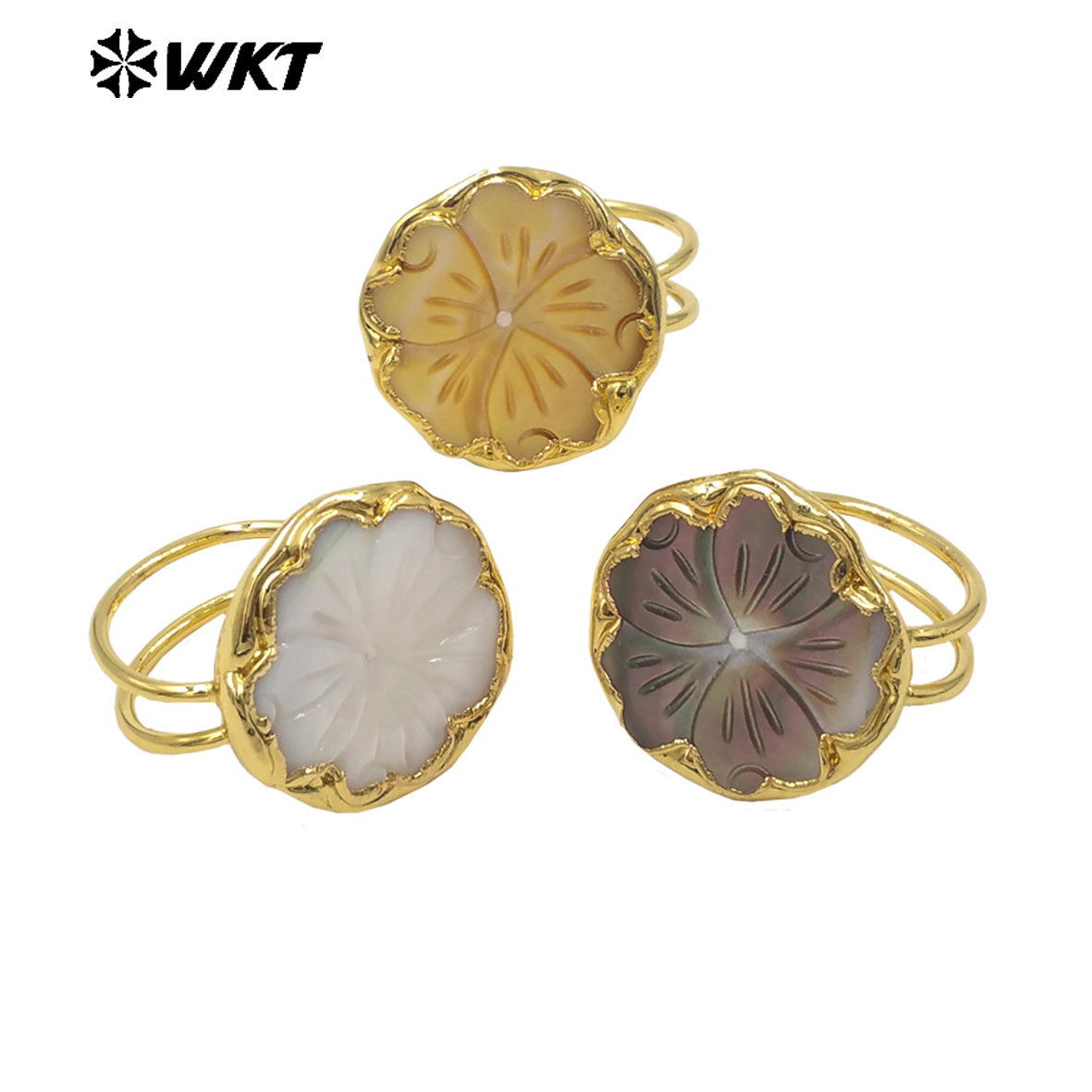 WT-MPR165 Romantic Style 18K Gold Plated Natural Shell Hand Carved Flower Shape Rings For Lady Daily Decorative Jewelry