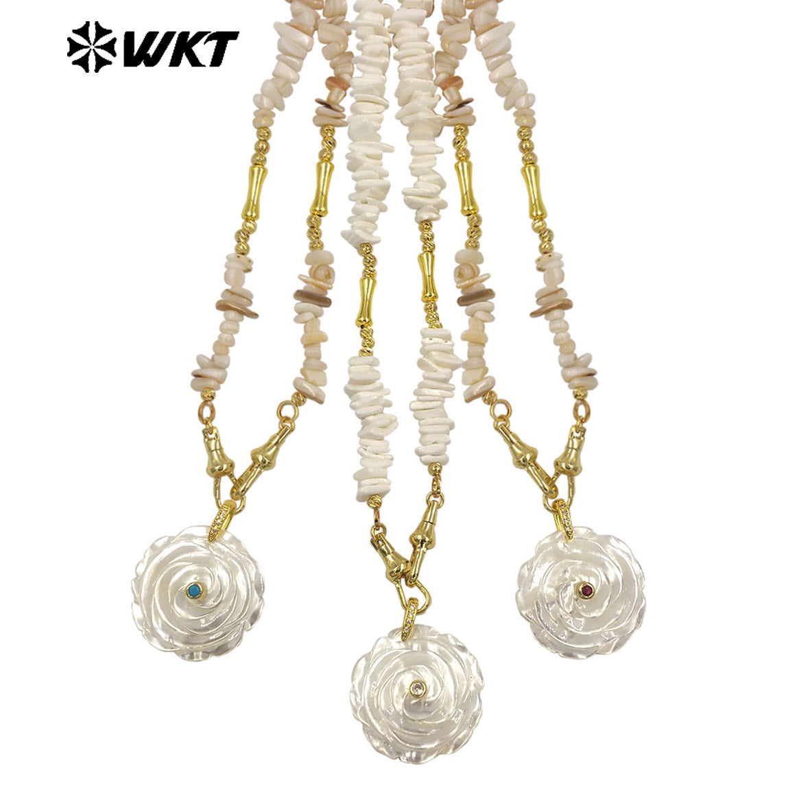 WT-JN380 Wonderful Crushed Stone Splicing Metal Chain With Natural Shell Zircon Flower Pendant Necklace For Fashion Matching