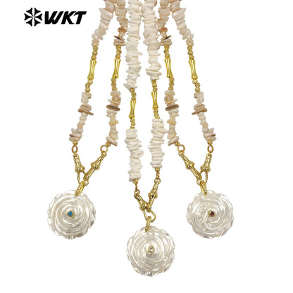 WT-JN380 Wonderful Crushed Stone Splicing Metal Chain With Natural Shell Zircon Flower Pendant Necklace For Fashion Matching