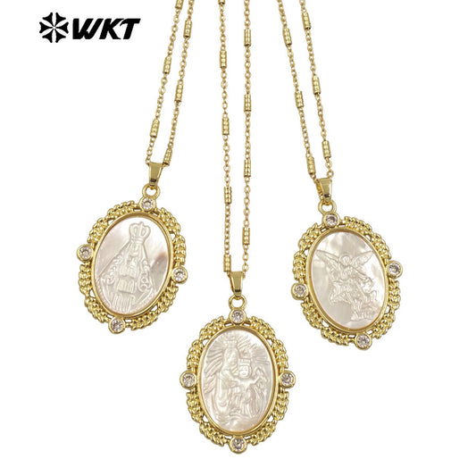 WT-JN274 Gorgeous New Design Elegant 18K Gold Bezel Setting Christian Religious Guardian Angel Shell Necklace
