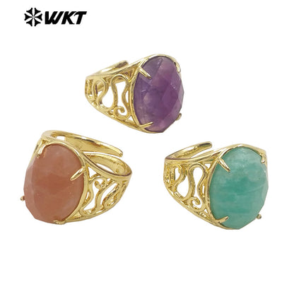 WT-R527 WKT New Design Natural Oval Faceted Gemstone With Clawing Setting Sun Stone Women Cocktail Ring