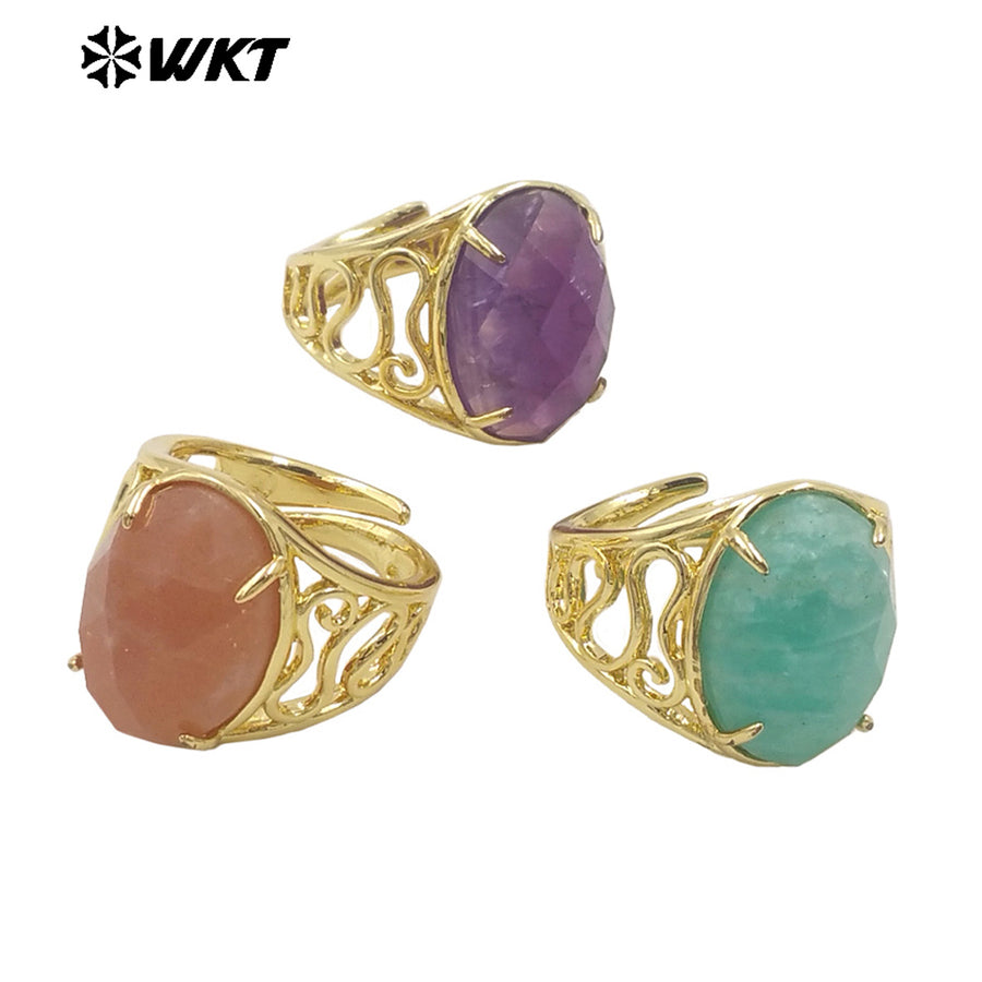 WT-R527 WKT New Design Natural Oval Faceted Gemstone With Clawing Setting Sun Stone Women Cocktail Ring