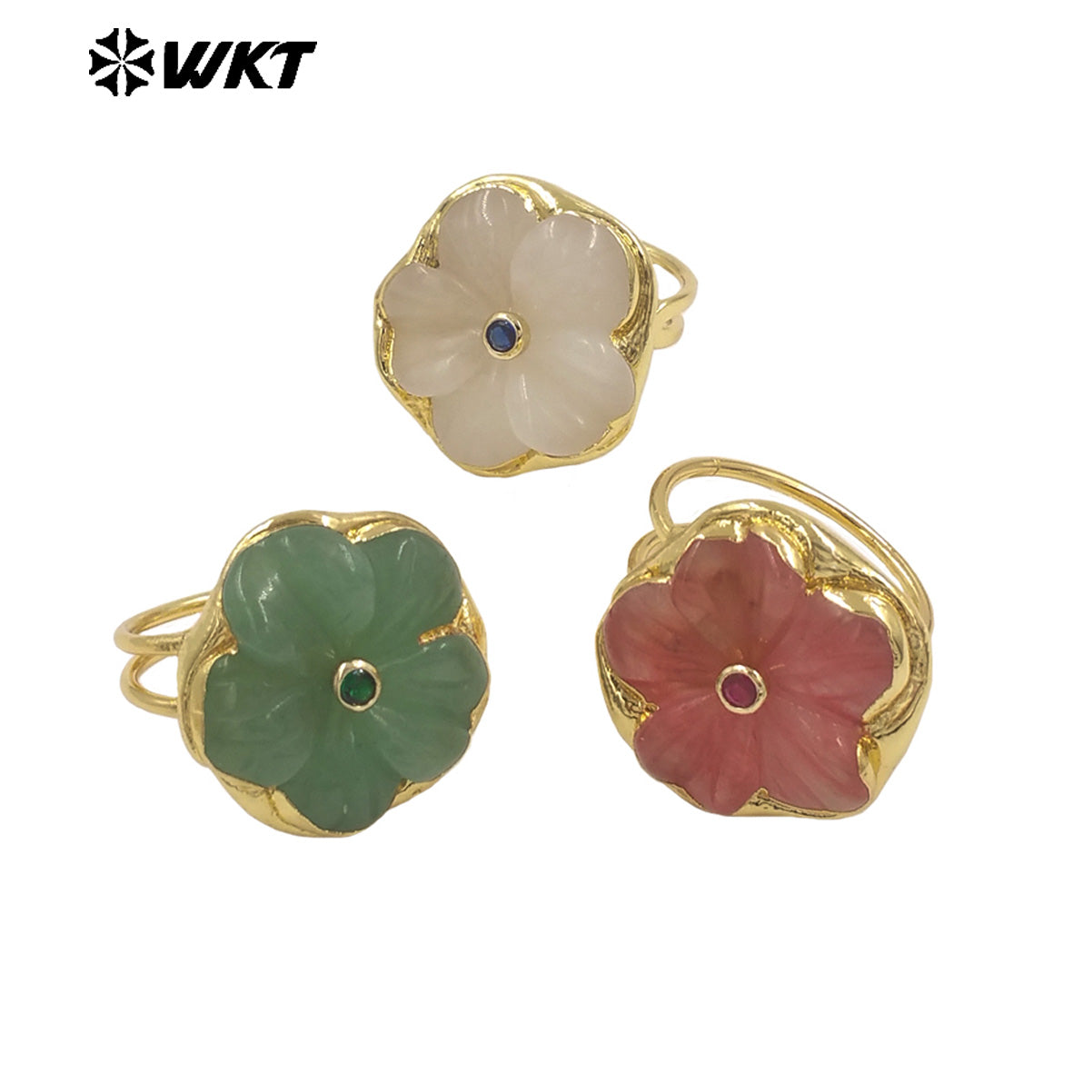 WT-R611 Exquisite Hot Sale Gold Plated Zircon And Natural Gemstones Carved Flower Shape Rings For Friends Birthday Jewelry Gift