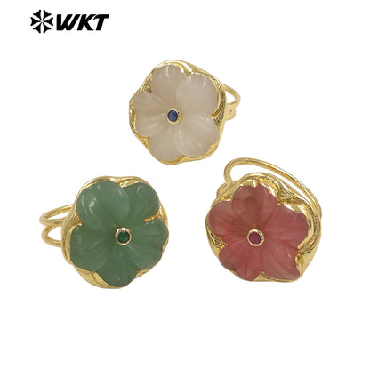 WT-R611 Exquisite Hot Sale Gold Plated Zircon And Natural Gemstones Carved Flower Shape Rings For Friends Birthday Jewelry Gift