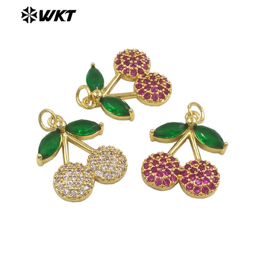 JFE156 High Quality Fruit Series Double Cherries Charm Pendant Yellow Brass With Drop Oil White And Purple Color Finding
