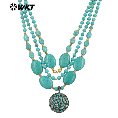 WT-N1506 Gorgeous Luxury Natural Turquoise And Gold Plated Bead With Little Stones Pendant Three Layers Necklace For Unique Gift