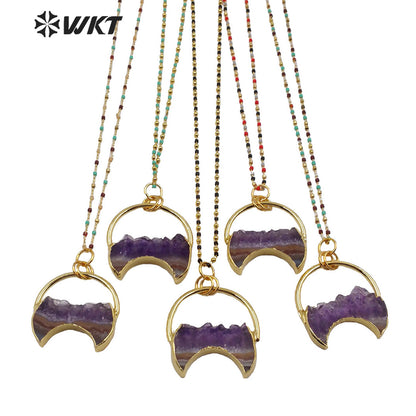 WT-N1219 New Popular Crescent Amethyst Necklace Multicolor Beads Necklace Stylish Natural Amethyst Necklace