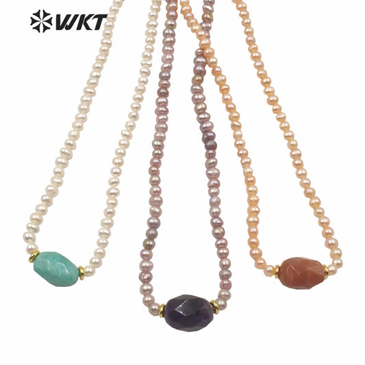 WT-JN120 WKT Gorgeous Women Natural Freshwater Pearl Choker Necklace 6mm Irregular Pearl Beads Choker Necklace With Theme Stone