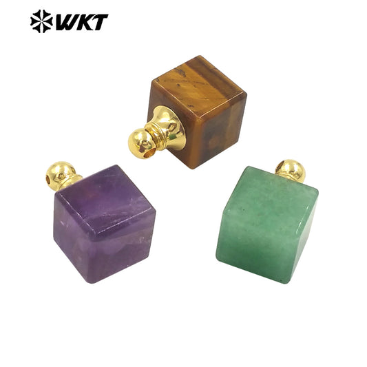 WT-P1978 New Design Wholesale Natural Gemstone Cubic Square Essencial Oil Stone Bottle Pendant for Necklace
