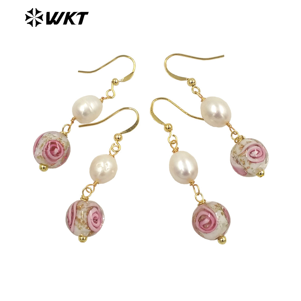 WT-MPE098 Latest Style Colour Glaze & Freshwater Pearl Natural Rose 18k Gold Plated Gift Weeding Romantic Pendant Earrings
