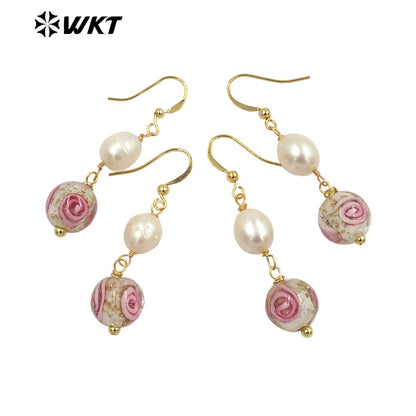 WT-MPE098 Latest Style Colour Glaze & Freshwater Pearl Natural Rose 18k Gold Plated Gift Weeding Romantic Pendant Earrings