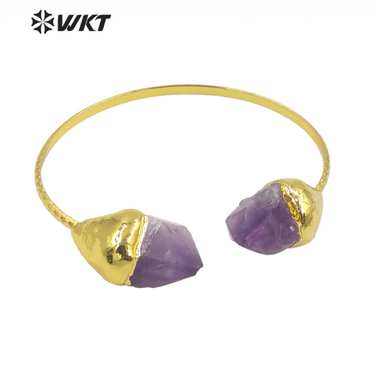 WT-B600 Natural Stone Bangle Amethyst Brass 18k Gold Plated Delicate Bangle Vintage Jewelry Women Gift Ring Stone Bangle