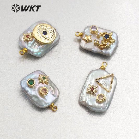 MP134 Newest High Quality Diversified Patterns Micro Pave Rectangular Pendant Sparkling Lady Jewelry Freshwater Pearl Pendant