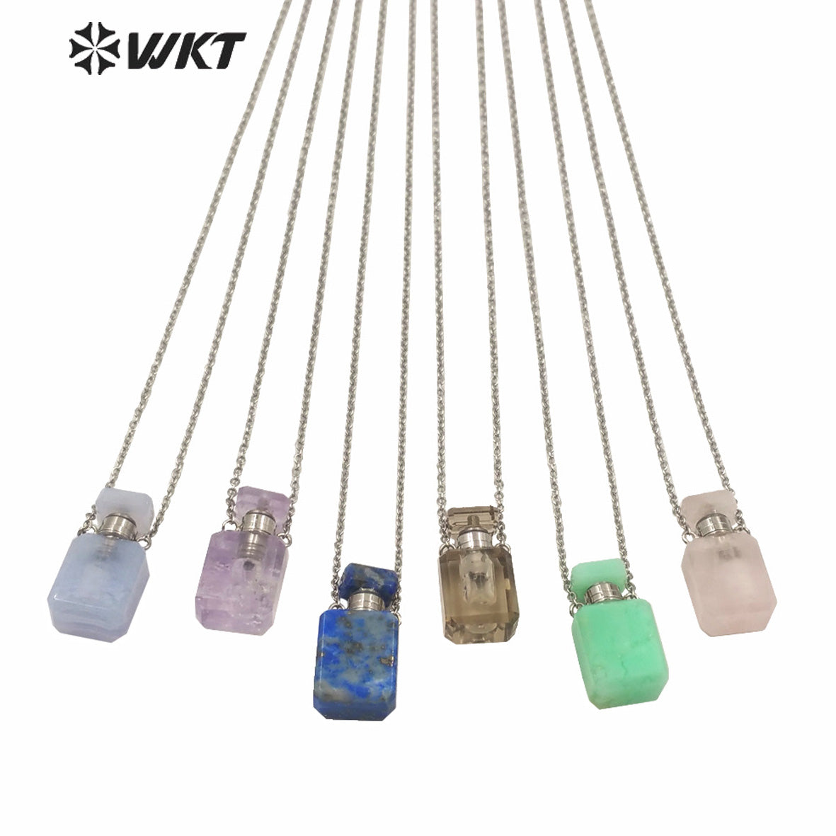 WT-N1240 WKT New Design Small Size Stainless Steel Chain Stone Bottle Necklace Mini square Steel France Perfume Bottle Necklace