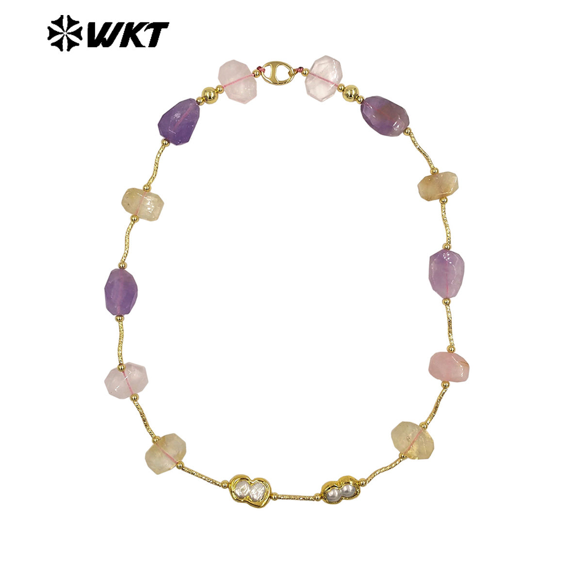 WT-N1492 Wonderful Design Lady Fashion Gorgeous Precious Natural Amethyst and Rose Quartz Cushion Stone Handmade Necklace