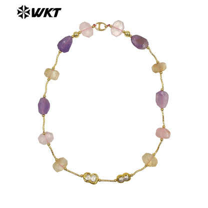 WT-N1492 Wonderful Design Lady Fashion Gorgeous Precious Natural Amethyst and Rose Quartz Cushion Stone Handmade Necklace
