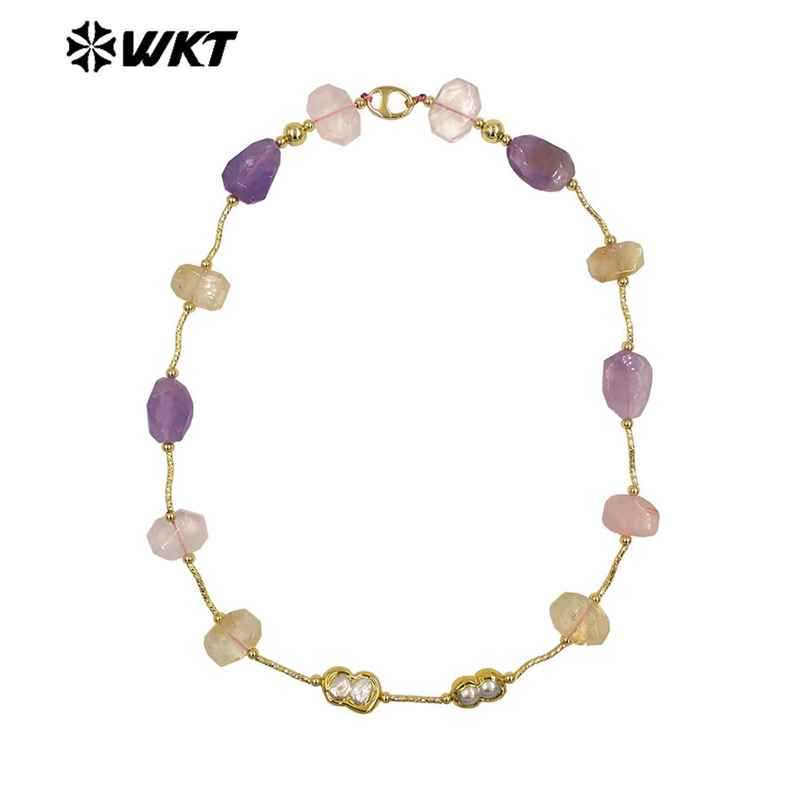 WT-N1492 Wonderful Design Lady Fashion Gorgeous Precious Natural Amethyst and Rose Quartz Cushion Stone Handmade Necklace