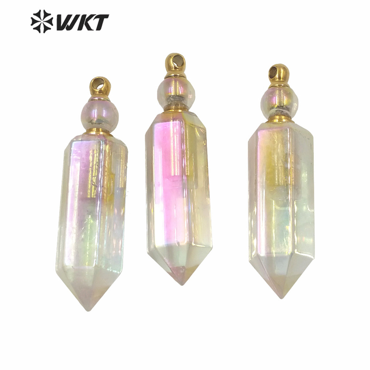 WT-P1614 Amazing Women Hot Sales Gold Angel Aura Spirit Quartz Perfume Bottle Pendant Hexagonal Shape Aura Stone Bottle Pendant