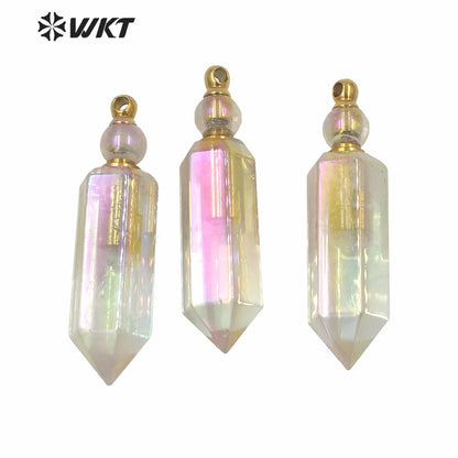 WT-P1614 Amazing Women Hot Sales Gold Angel Aura Spirit Quartz Perfume Bottle Pendant Hexagonal Shape Aura Stone Bottle Pendant