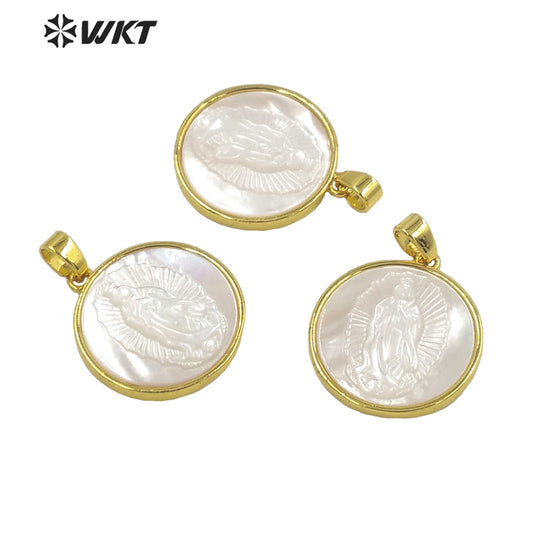 WT-JP321 Wholesale Fashion Gold Plated Mother of Pearl Religion San Benito Jewelry Pendant 20mm Round Shell Maria Vigen Pendants