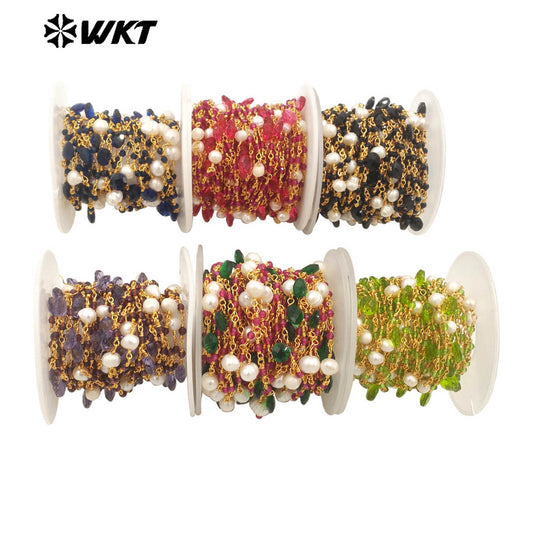WT-RBC239 Wholesale New Handmade Wire Wrapped Natural Gemstone Beads DIY Jewelry Chain for Necklace Design