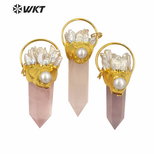 WT-P1587 WKT Amazing Big Natural Rose Quartz Spirit Point Pendant Women Fashion Pearl Charms PINK Quartz Pendant Jewelry