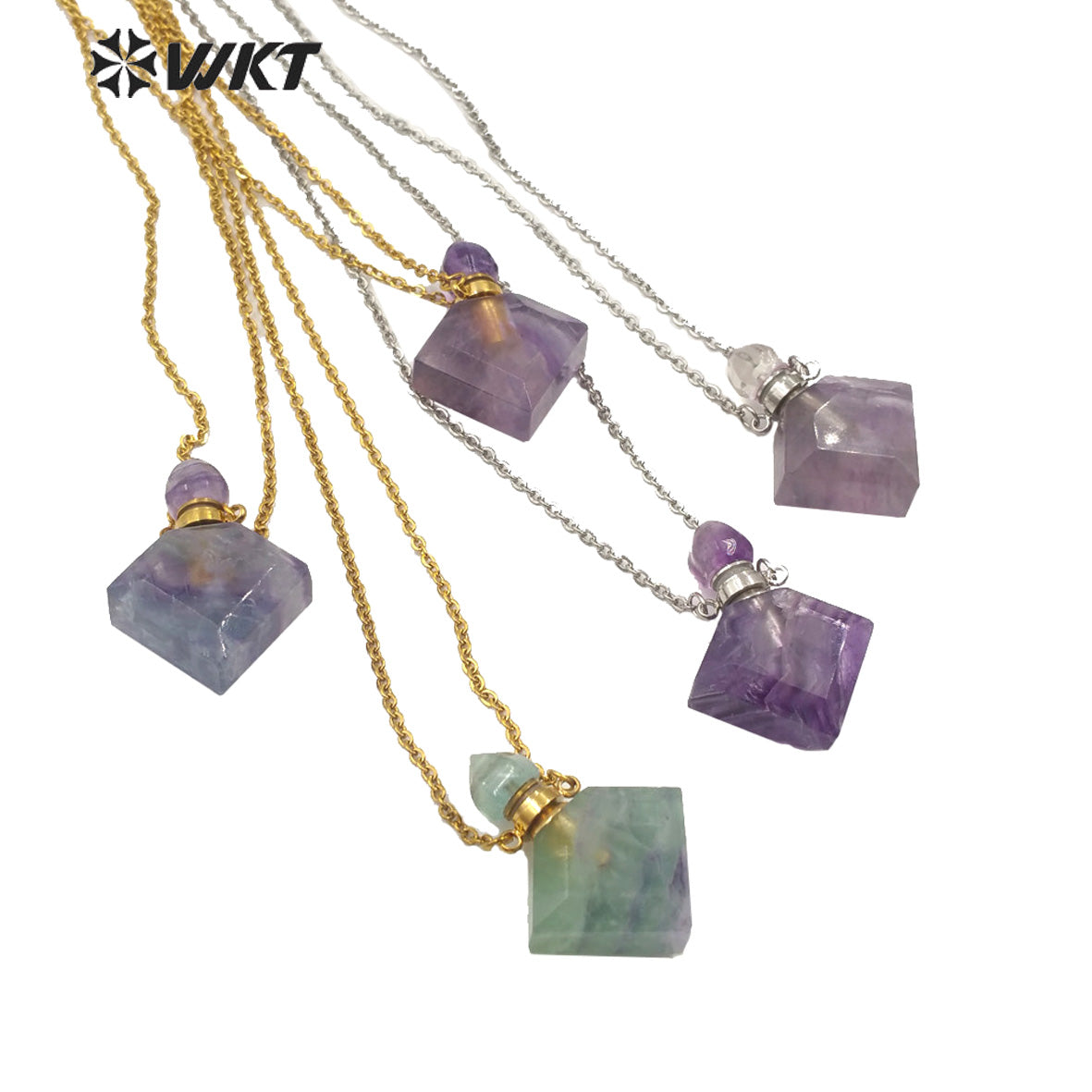 WT-N1191 Newest Natural Gemstone Perfume Bottle Necklace Elegant Silver or Gold Plated Women Perfume Bottle Necklace