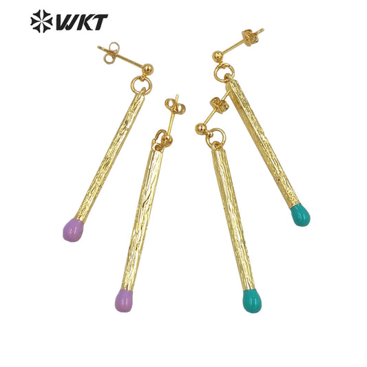 WT-E686 Fashion Simple Long Stick Sexy Earrings Candy Color 18k Real Gold Plated Straight Dangle Pendant Earrings for Party