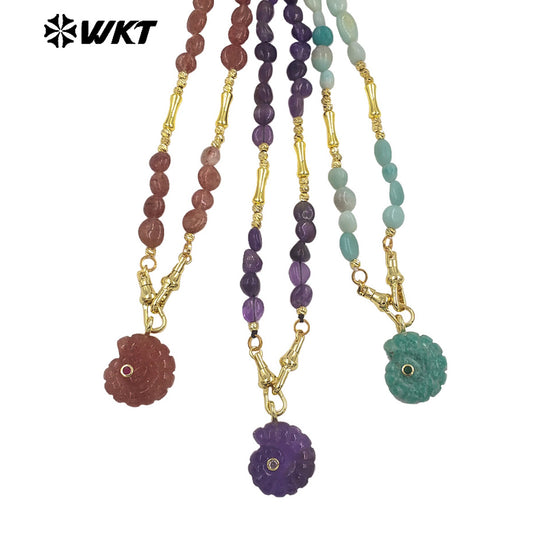 WT-N1520 Boutique Stone Beads Splicing Brass Chain With Natural Gemstones Carved Trumpet Pendant Necklaces For Friend Gift