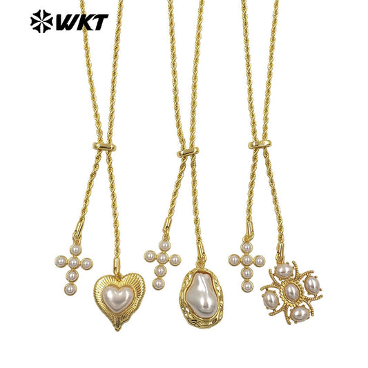 WT-JFN52 Elegant Style Brass And Artificial Pearl Gold Plated Cross Heart Shape Charms Metal Necklace For Friends Romantic Gift