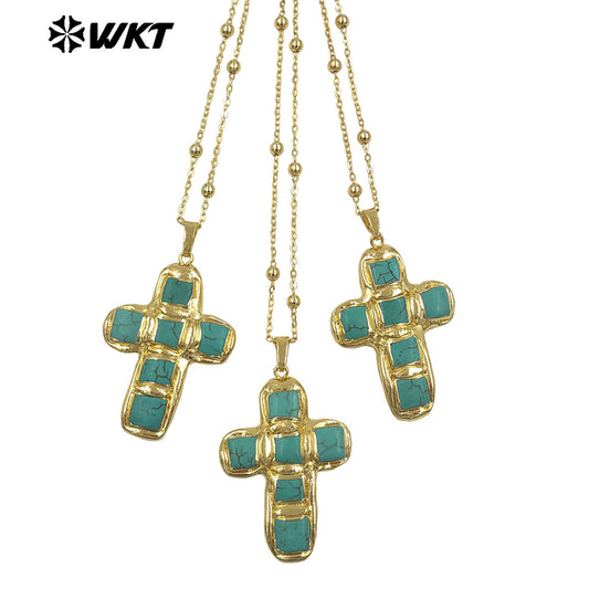 WT-N1523 Wholesale 18K Gold Electroplated Natural Turquoise Stone Cross Pendant Necklaces For Women Vintage Style Jewelry