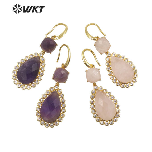 WT-E697 Wholesale Fashion Micropaved Cubic Zircon Setting Stone Earrings Attractive Long Drop Gemstone Hoop Earrings for Gift