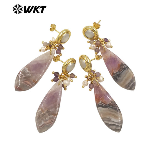 WT-E780 Long Drop Shape Natural Amethyst and Pearl Beads Design Exquisite Retro Style Women Party Fine Jewelry Earrings