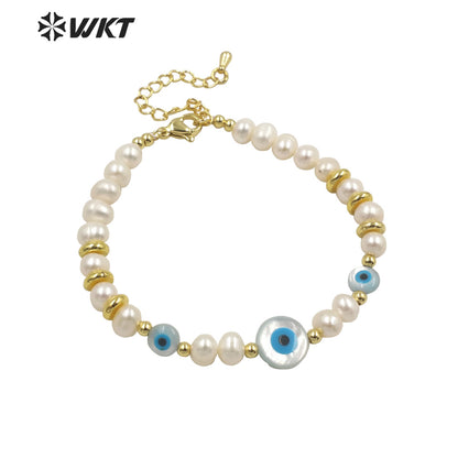 WT-MPB068 Wholesale Fashion Gold Shell Eye Pearl Bracelet Gorgeous Handmade Strand Space Beads Pearl Bracelets