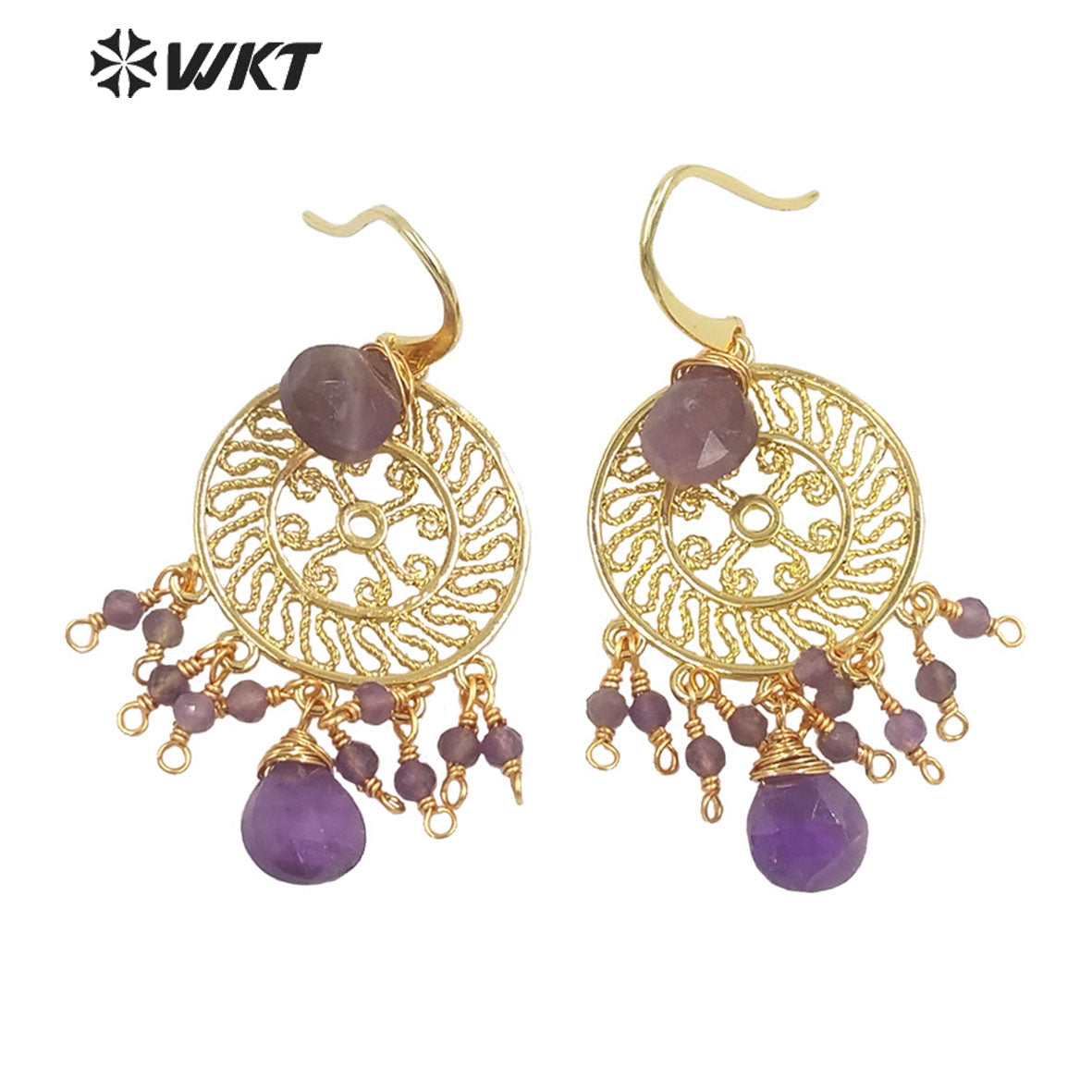 WT-E695 Bohemia Fashion Gold Gypsy Earrings with Natural Gemstone Made Dangle Earrings Handmade DIY Stone Hoop Earrings