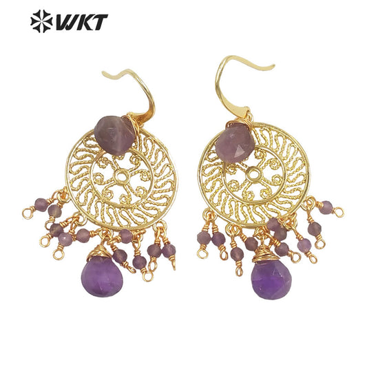 WT-E695 Bohemia Fashion Gold Gypsy Earrings with Natural Gemstone Made Dangle Earrings Handmade DIY Stone Hoop Earrings