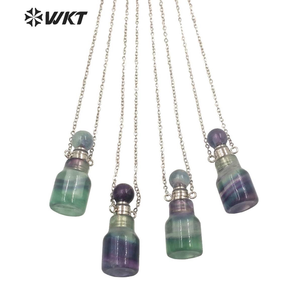WT-N1455 Newest Fashion Gold Plated Natural Stone Made Rainbow Fluorite Perfume Bottle Necklace Girl Birthday Gift Jewelry