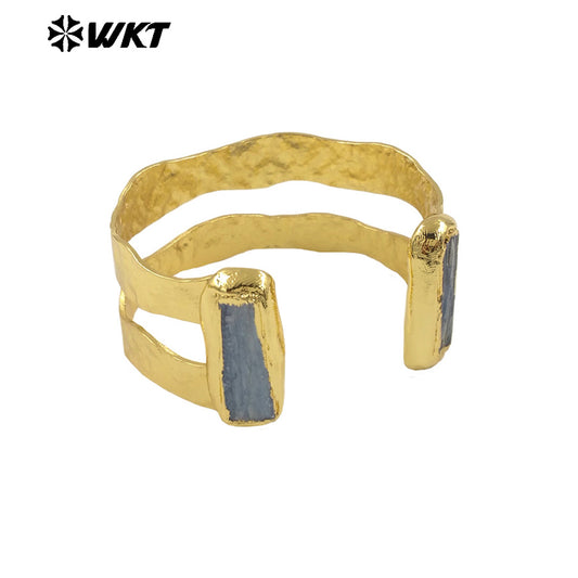 WT-B665 Hot New Arrival Natural Blue Kyanite Stone Bangle With 18k Gold Plated Can Be Adjustable for Women Special Gifts Jewelry