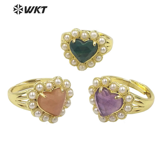 WT-MPR080 Lovely 18K Real Gold Plated Natural Sun Stone With Artificial Decorative Fashion Heart Gemstone Girl Ring